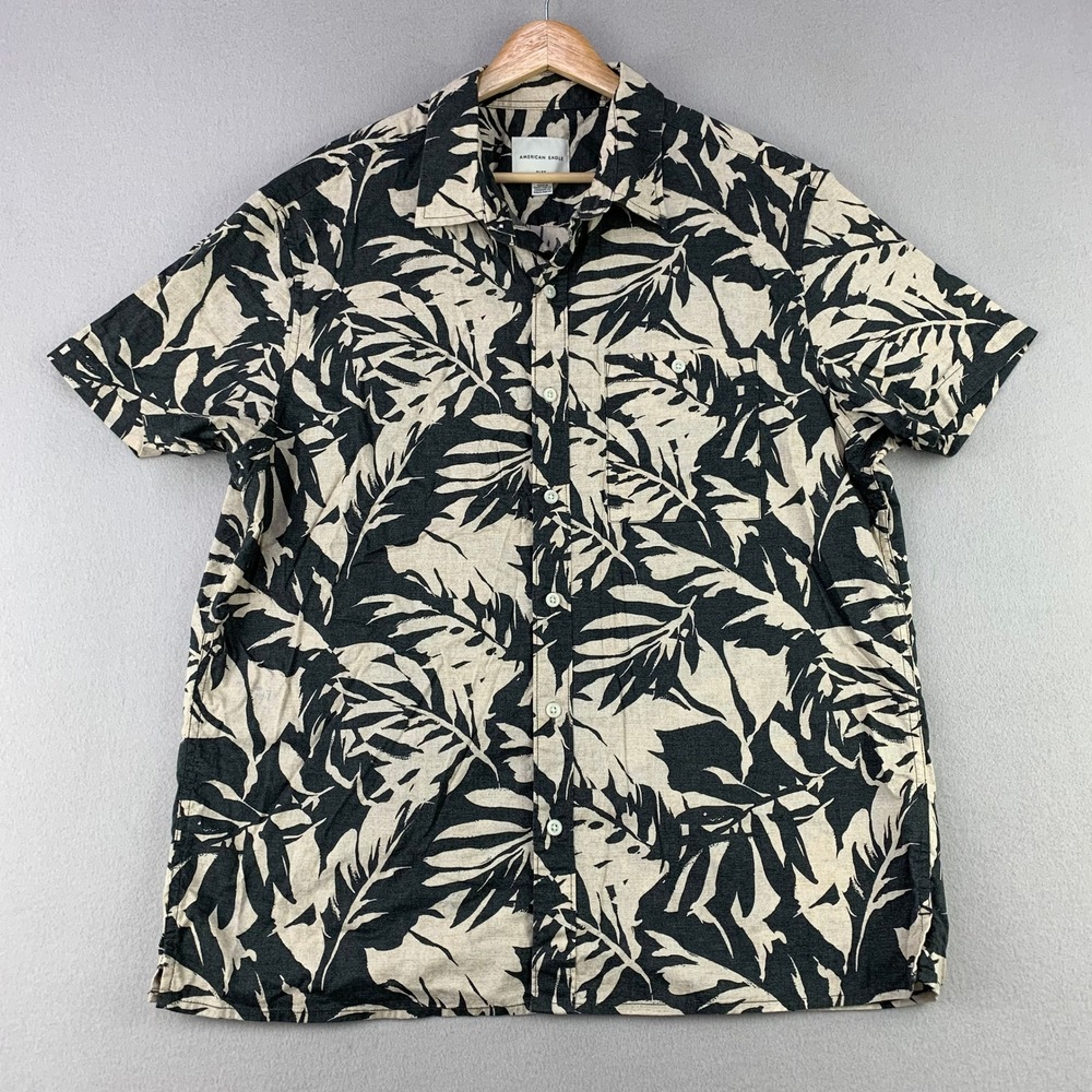 American Eagle Flex Camp Shirt Mens Large Black Leaf Print Tropical Short Sleeve